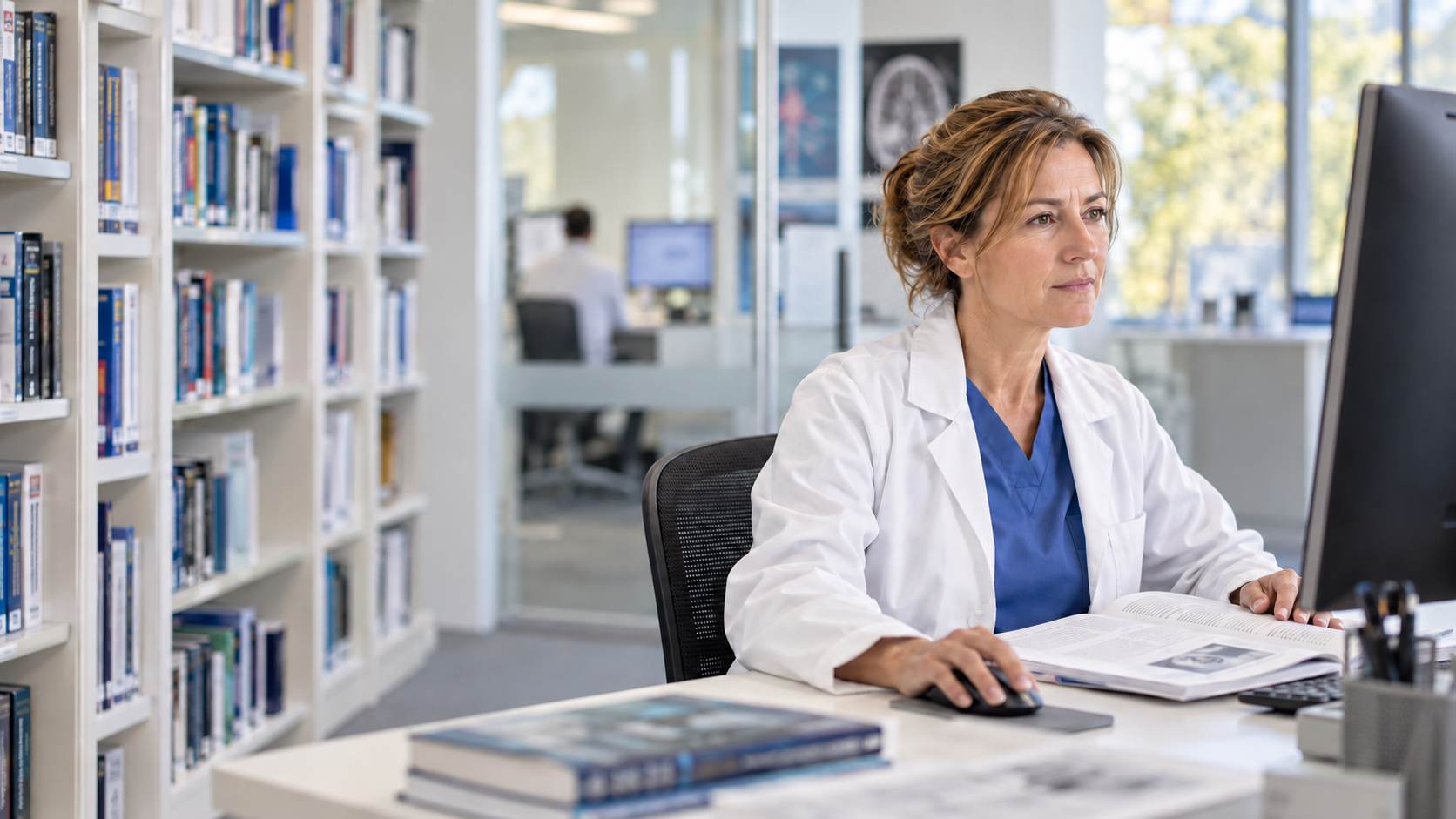 A medical professional in a white coat consults a computer and research journal in a medical library