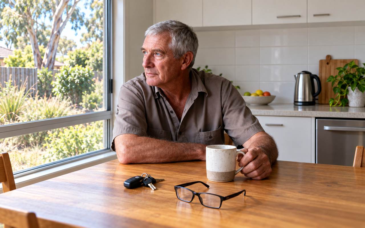 An older man with a mug at his kitchen table, with gum trees in the Australian garden outside