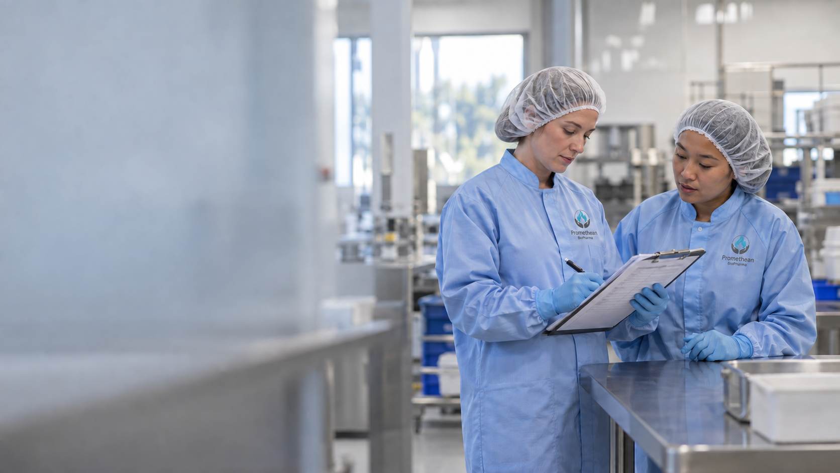 Two colleagues in protective clothing review a process record together