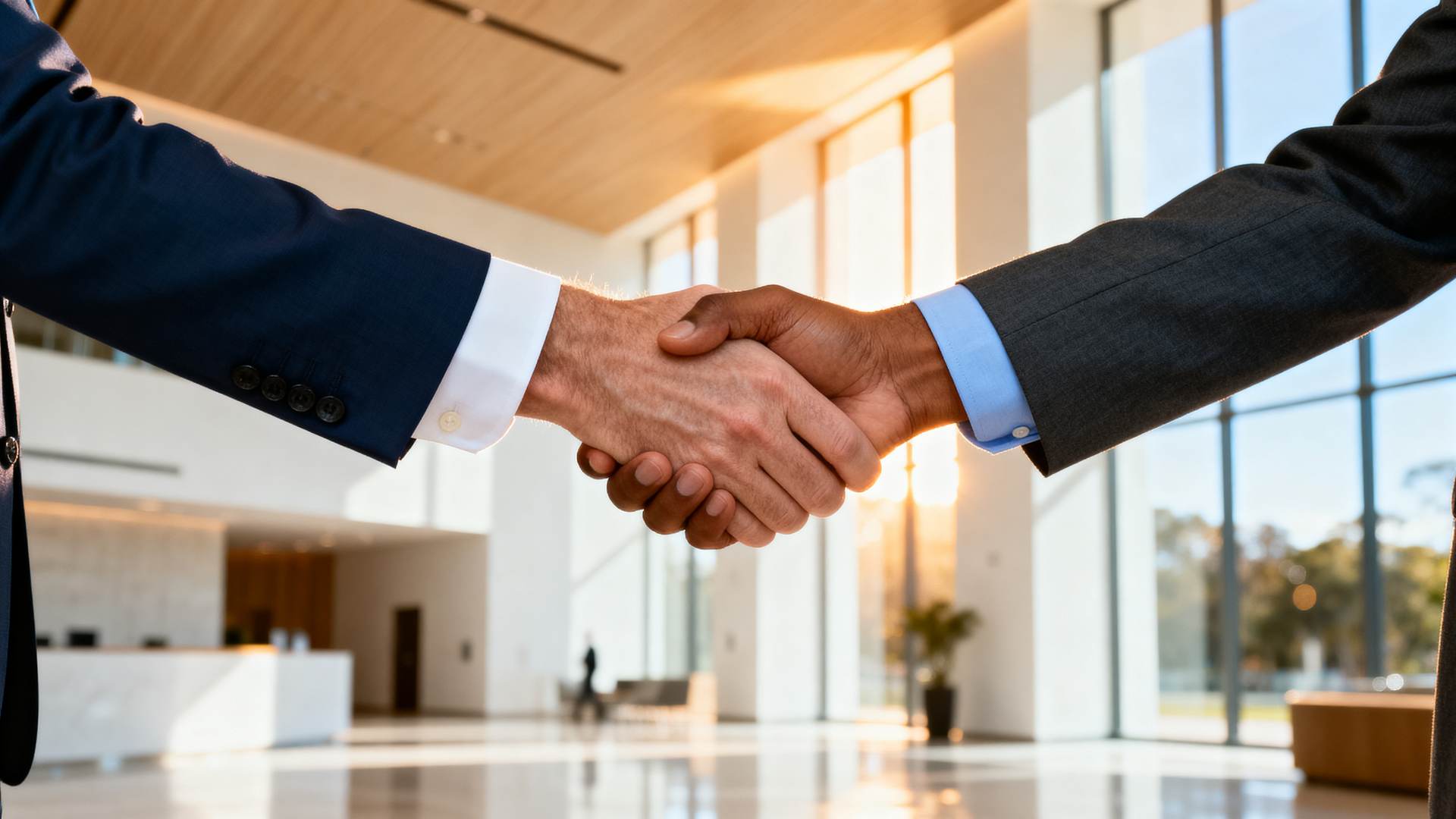 Two businessmen shaking hands in a bright lobby