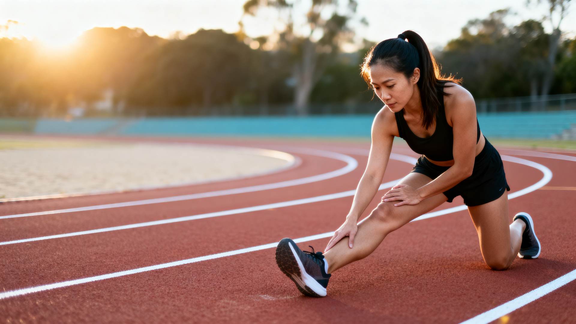 A woman stretching on a running track in the early morning