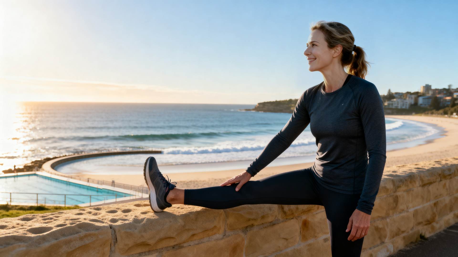 A woman stretching on the Bondi coastal walk at sunrise